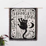 Black Cat Tarot Card The Hanged Man Black and White Woven Throw Blanket and Tapestry - DesignerOllie.com