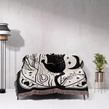 Black Cat Tarot Card The Hanged Man Black and White Woven Throw Blanket and Tapestry - DesignerOllie.com