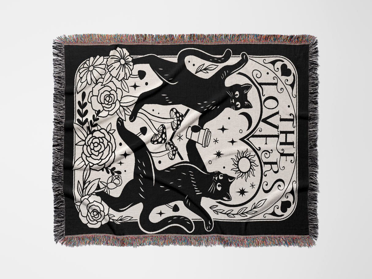 Black Cat Tarot Card The Lovers Black and White Woven Throw Blanket and Tapestry