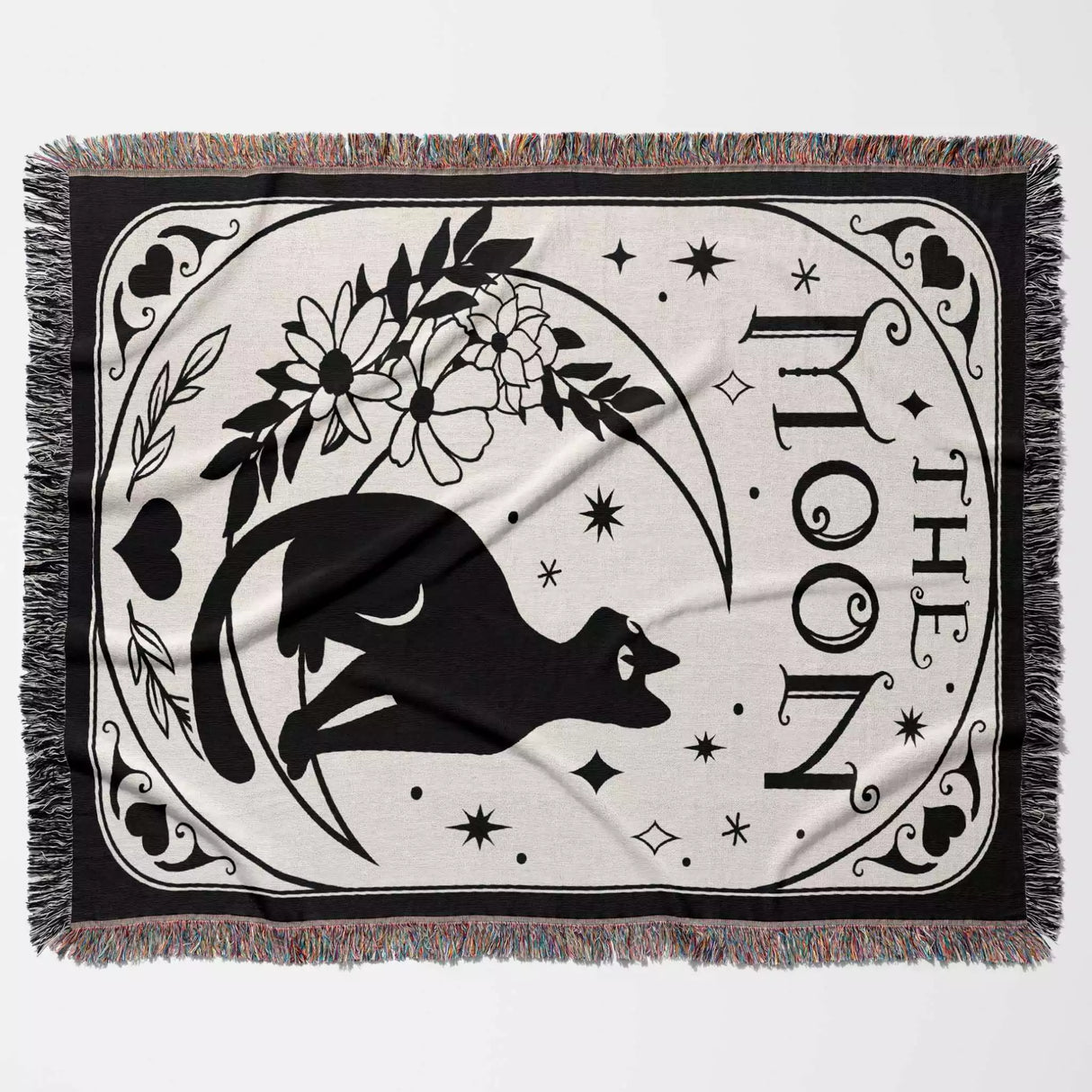 Black Cat Tarot Card The Moon Black and White Woven Throw Blanket and Tapestry - DesignerOllie.com