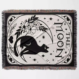 Black Cat Tarot Card The Moon Black and White Woven Throw Blanket and Tapestry - DesignerOllie.com