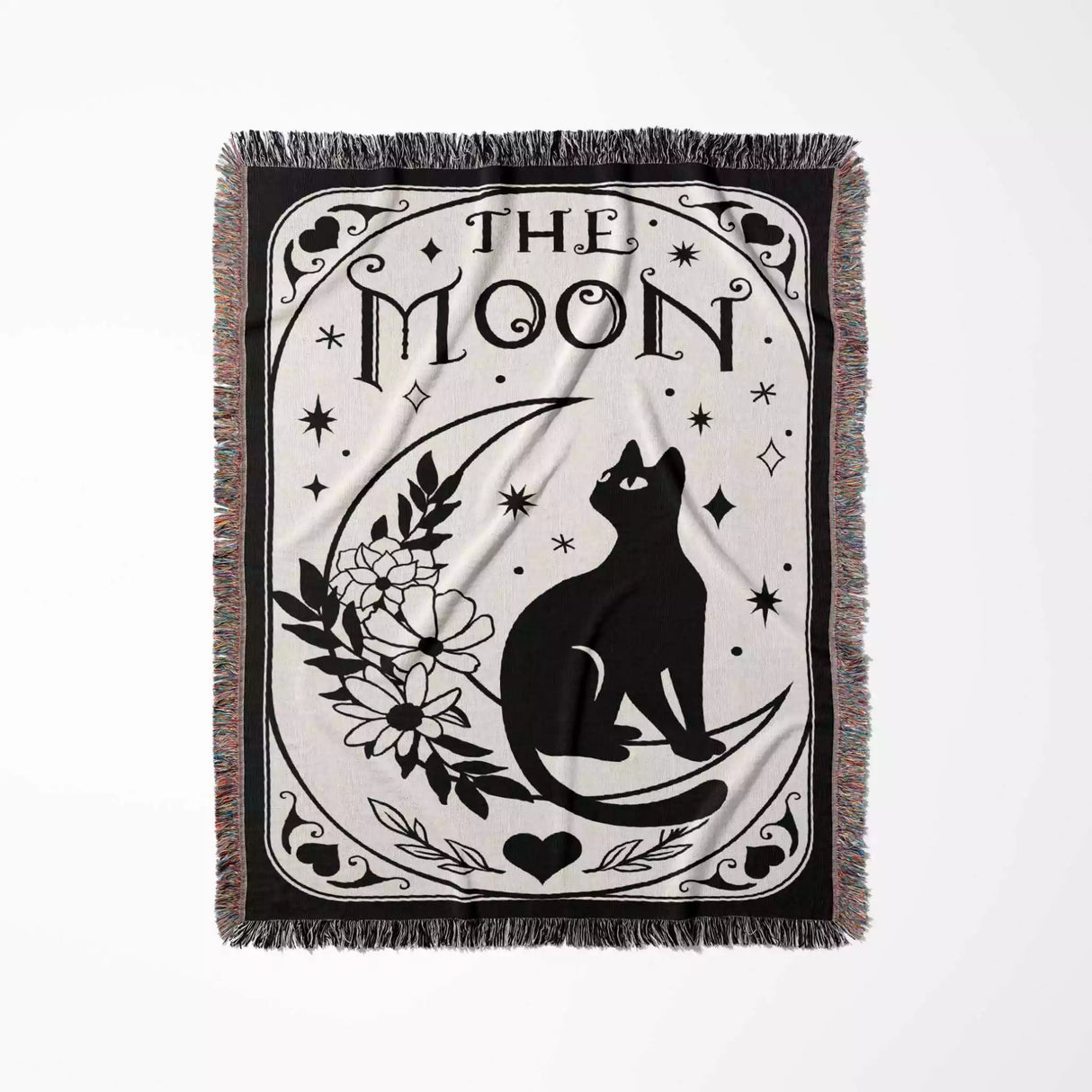 Black Cat Tarot Card The Moon Black and White Woven Throw Blanket and Tapestry - DesignerOllie.com