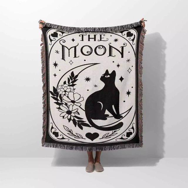 Black Cat Tarot Card The Moon Black and White Woven Throw Blanket and Tapestry - DesignerOllie.com