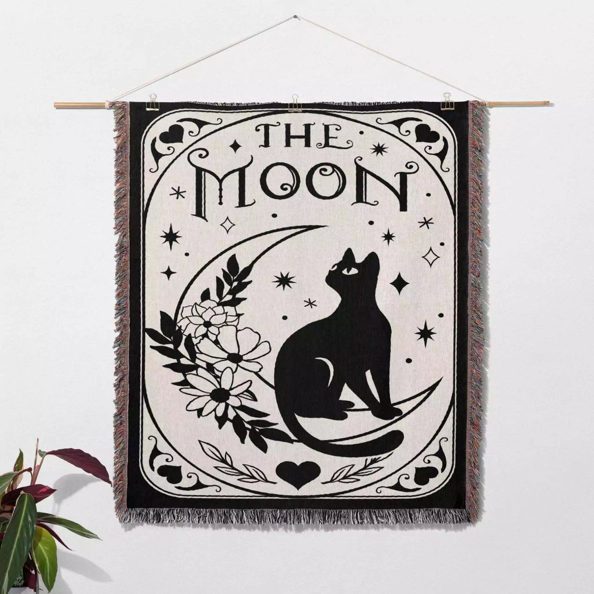 Black Cat Tarot Card The Moon Black and White Woven Throw Blanket and Tapestry - DesignerOllie.com