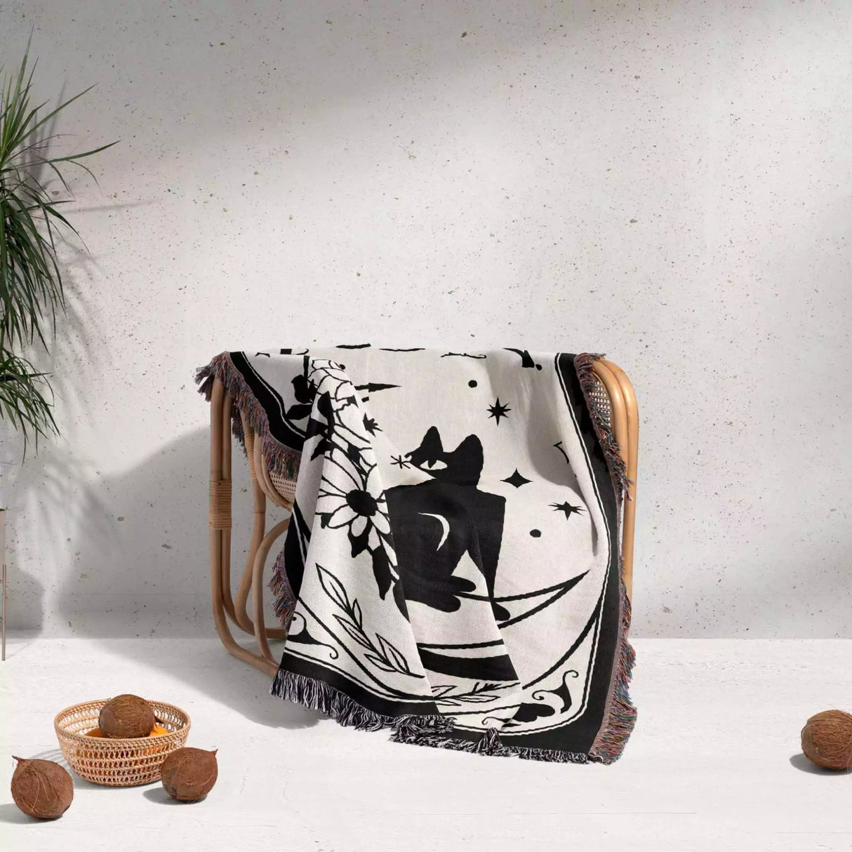 Black Cat Tarot Card The Moon Black and White Woven Throw Blanket and Tapestry - DesignerOllie.com