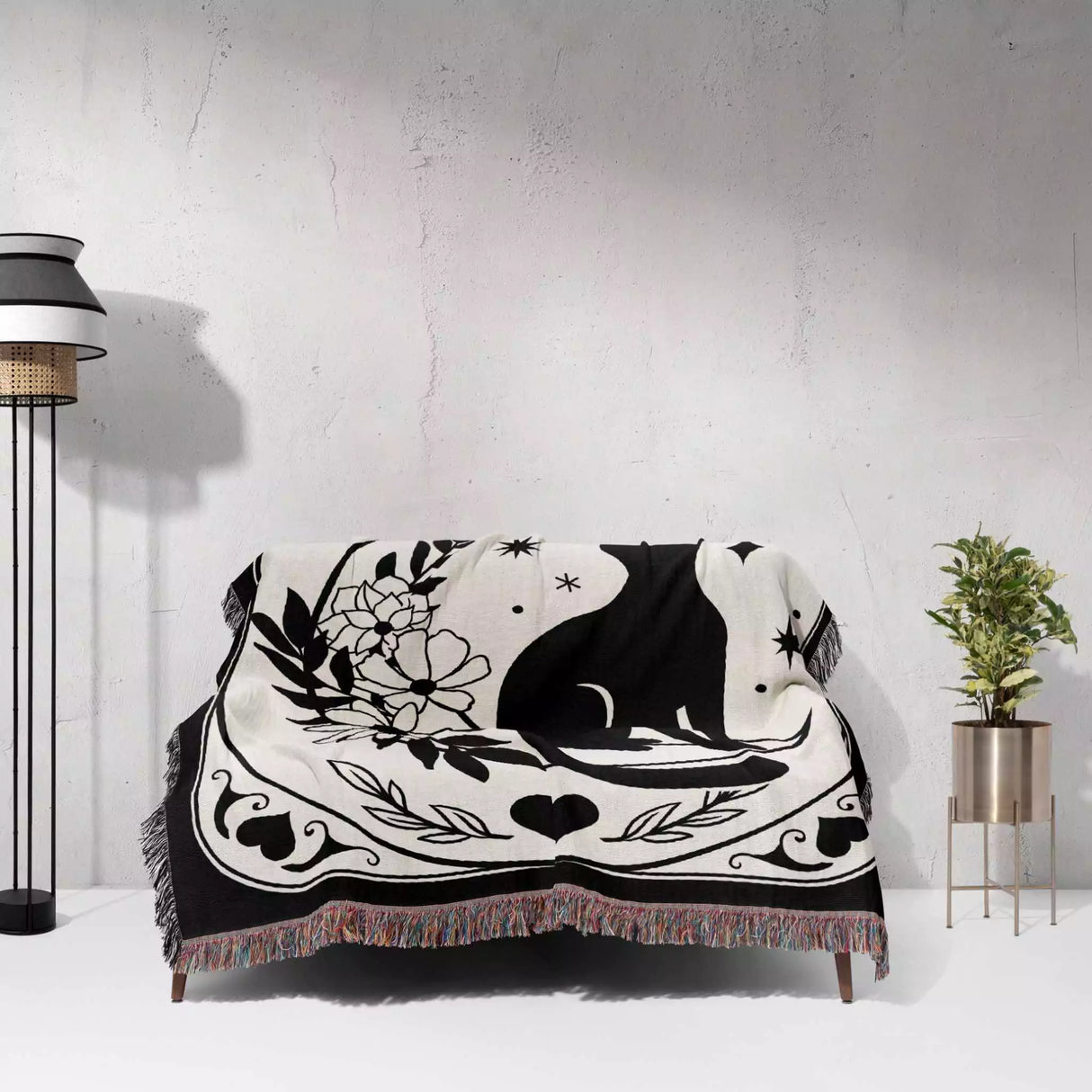 Black Cat Tarot Card The Moon Black and White Woven Throw Blanket and Tapestry - DesignerOllie.com