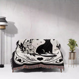 Black Cat Tarot Card The Moon Black and White Woven Throw Blanket and Tapestry - DesignerOllie.com