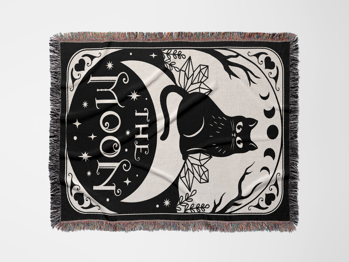 Black Cat Tarot Card The Moon Monochrome Woven Throw Blanket and Tapestry