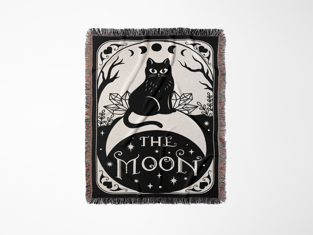 Black Cat Tarot Card The Moon Monochrome Woven Throw Blanket and Tapestry