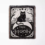 Black Cat Tarot Card The Moon Monochrome Woven Throw Blanket and Tapestry - DesignerOllie.com