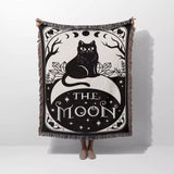 Black Cat Tarot Card The Moon Monochrome Woven Throw Blanket and Tapestry - DesignerOllie.com