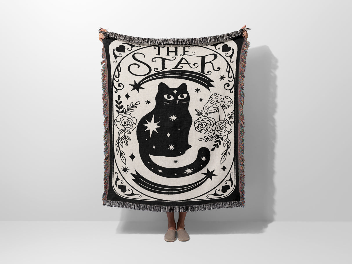 Black Cat Tarot Card The Star Black and White Woven Throw Blanket and Tapestry