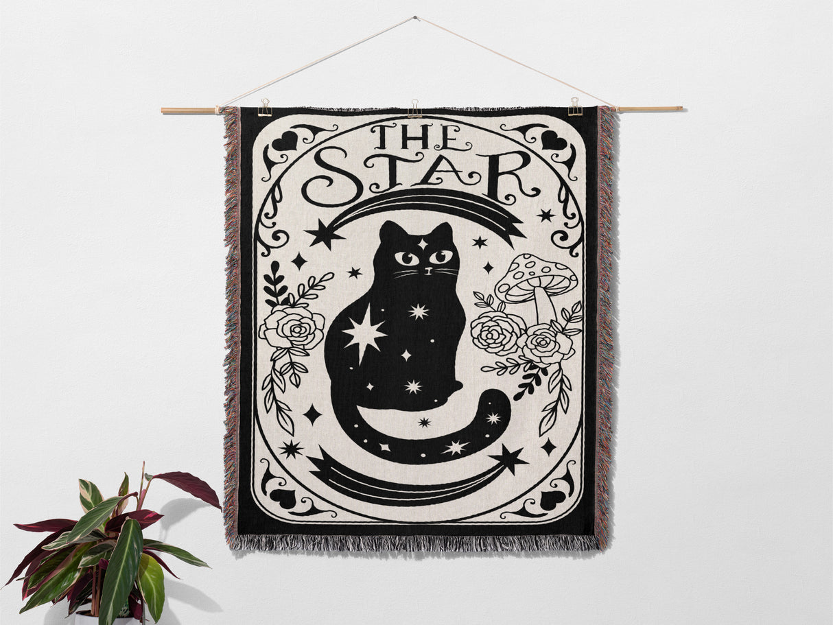 Black Cat Tarot Card The Star Black and White Woven Throw Blanket and Tapestry