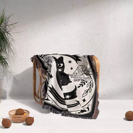 Black Cat Tarot Card The Star Black and White Woven Throw Blanket and Tapestry - DesignerOllie.com