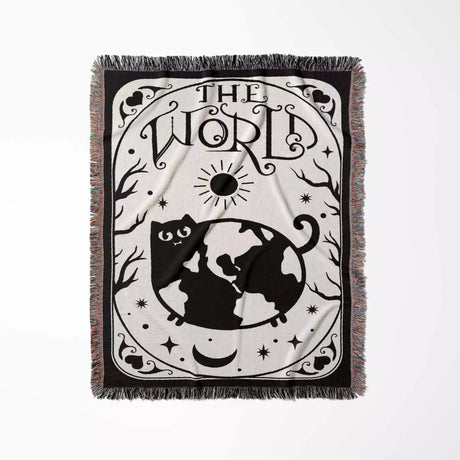 Black Cat Tarot Card The World Black and White Woven Throw Blanket and Tapestry - DesignerOllie.com