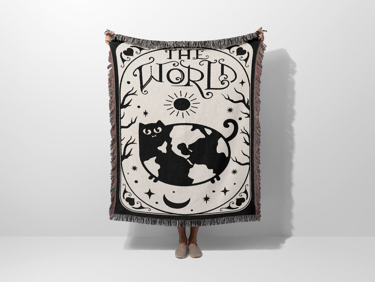 Black Cat Tarot Card The World Black and White Woven Throw Blanket and Tapestry