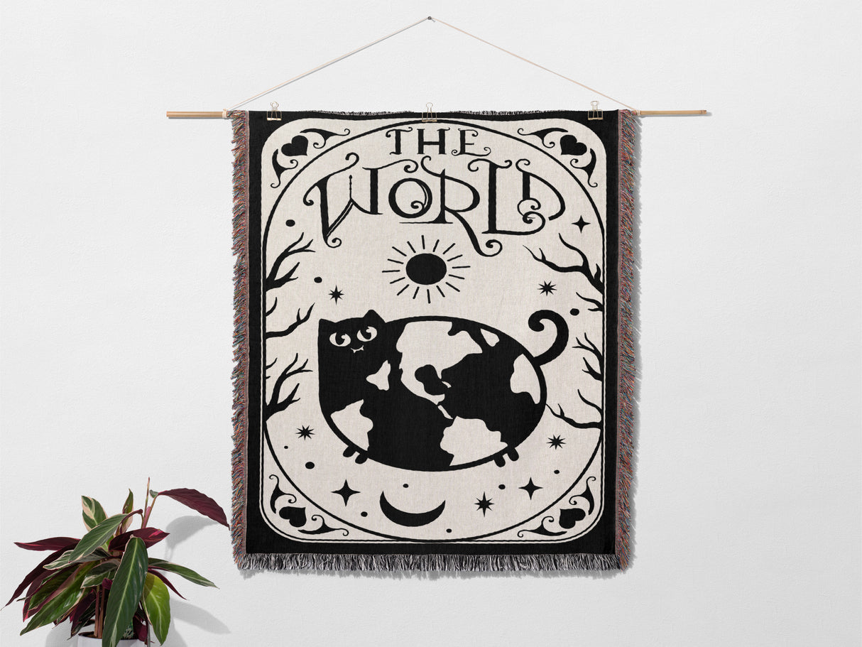 Black Cat Tarot Card The World Black and White Woven Throw Blanket and Tapestry