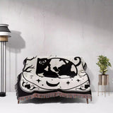 Black Cat Tarot Card The World Black and White Woven Throw Blanket and Tapestry - DesignerOllie.com