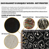 Product description of a uniquely woven blanket with close-up details of yarns and fringes.