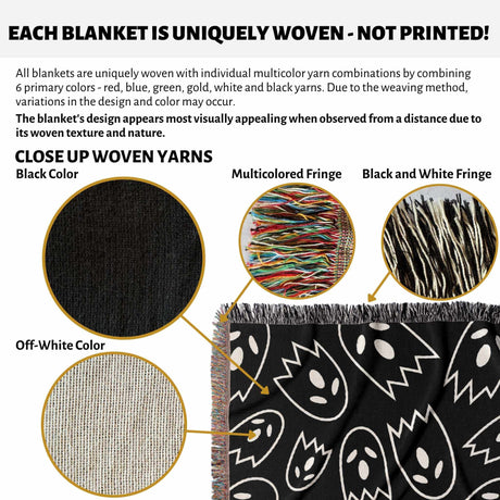 Product description of a uniquely woven blanket with close-up details of yarns and fringes.
