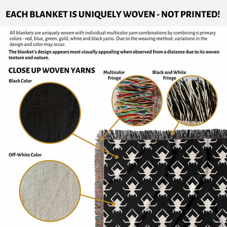 Blanket with black and white pattern, showing woven yarn close-up and fringe details.
