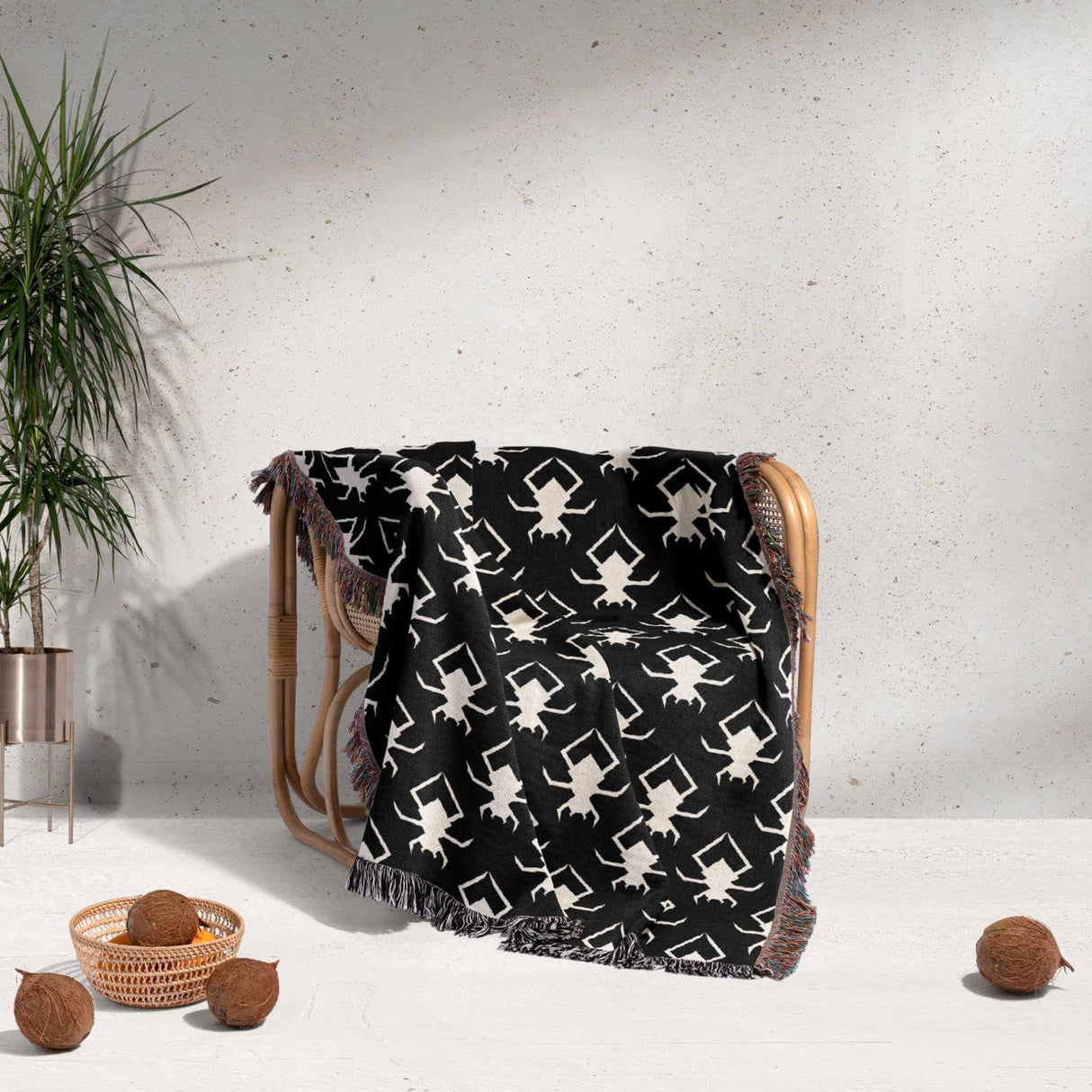 Black and white patterned blanket draped over a chair with a plant and coconuts in the background.