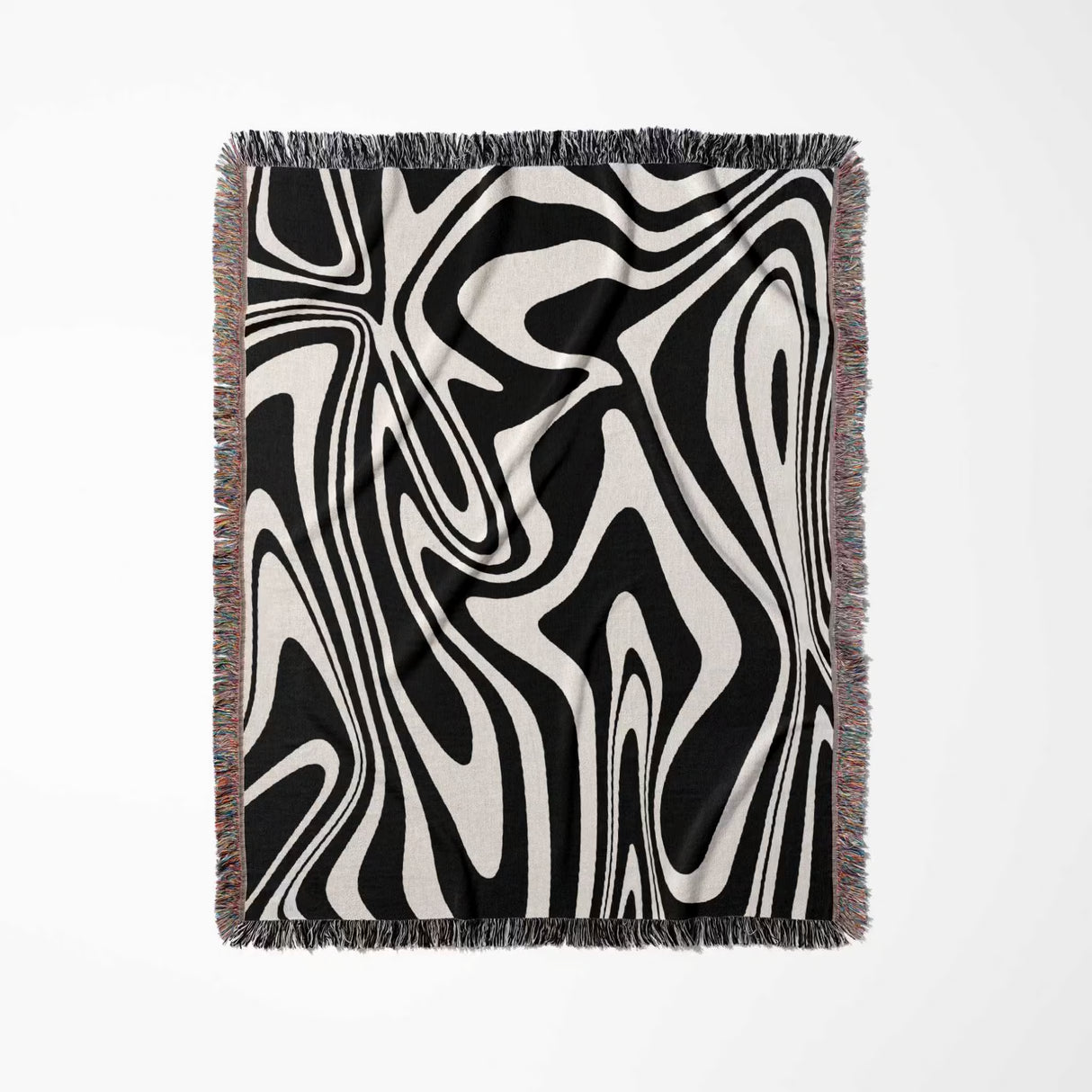 Black and white marble woven throw blanket for couch with black and white design on a white background