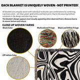 Product description of black and white marble woven throw blanket for couch with close-up details and color options.