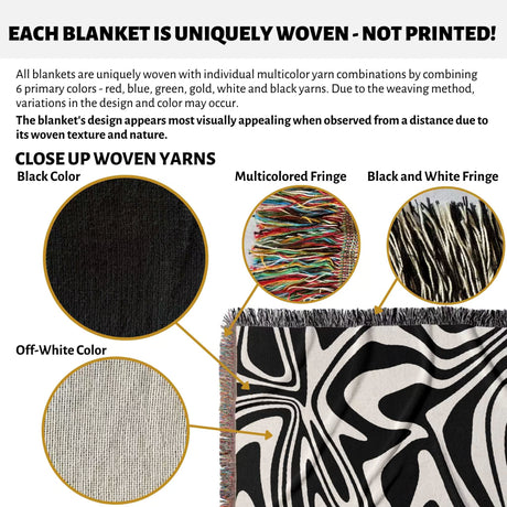 Product description of black and white marble woven throw blanket for couch with close-up details and color options.