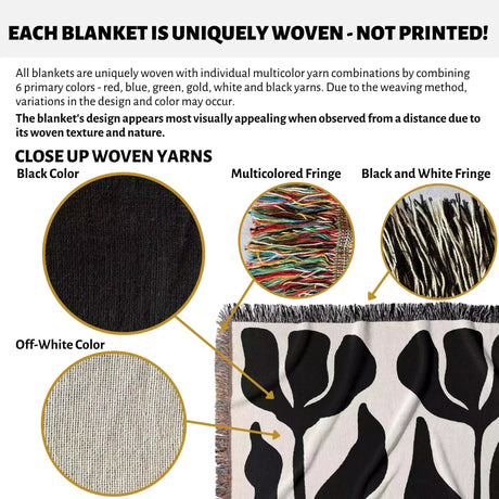 Product description of black and white Matisse flower woven throw blanket with close-up details and color options.