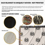 Blanket with black and white patterns, showing woven yarn close-ups and multicolor fringe.