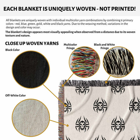 Blanket with black and white patterns, showing woven yarn close-ups and multicolor fringe.