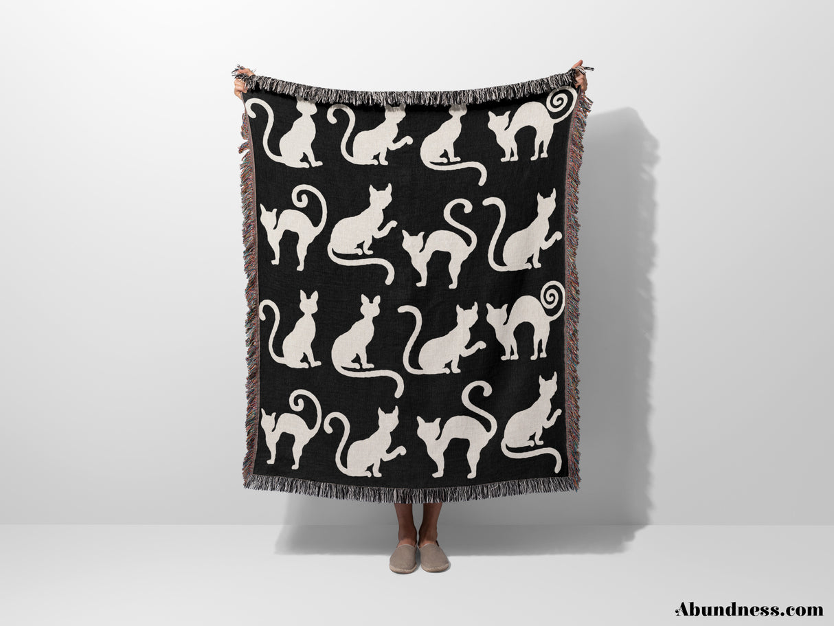 Black and White Spooky Cats Woven Throw Blanket