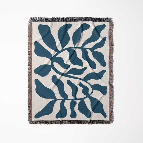 Blue leaf Matisse throw blanket full view a white background