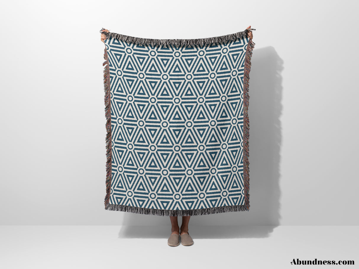 Blue Luxury Geometric Pattern Woven Throw Blanket and Tapestry