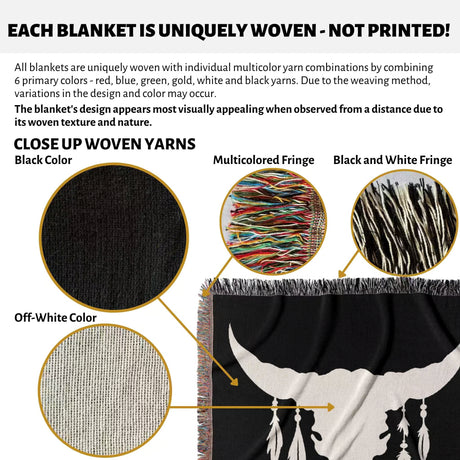Bull skull boho wedding 2nd anniversary gift woven throw blanket with woven texture and multicolor yarns, featuring close-up details of yarn colors and fringes.