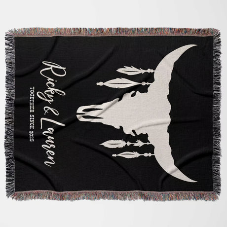 Bull skull boho wedding 2nd anniversary gift woven throw blanket flat lay with white silhouette design and text on a white background