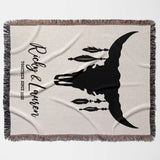 Bull skull boho wedding cotton anniversary gift – woven throw blanket flat lay with a black silhouette of a witch hat and feathers, along with text 'Together Since 2015', on a beige background.