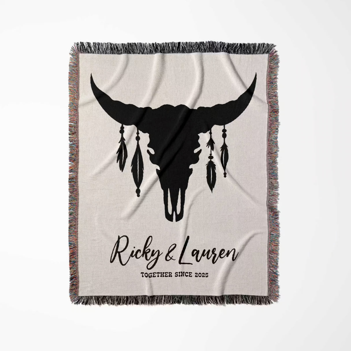 Bull skull boho wedding cotton anniversary gift – woven throw blanket full view with bull skull design and personalized text on a light background