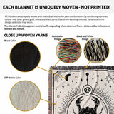 This image features a close-up view of a Cancer Zodiac Blanket, highlighting the unique woven yarns. The blanket combines multicolor fringe and black-and-white designs with detailed elements. It emphasizes the high-quality woven texture, making it an ideal unique birthday gift for both women and men.