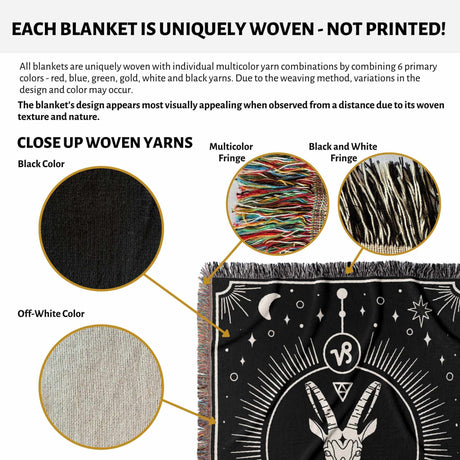 A detailed close-up image showing different sections of a Capricorn Zodiac Blanket. The image highlights the black color, off-white color, multicolor fringe, and black and white fringe. The text emphasizes the blanket's unique woven nature using a combination of primary colored yarns and its visual appeal due to its woven texture and nature.