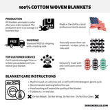 A detailed care guide for maintaining the cotton woven blanket. Instructions include machine washing on cold, gentle cycle, recommended hand washing for extended quality, and tumble drying on low heat. Additional care tips include avoiding bleach, wringing, ironing, or dry cleaning.