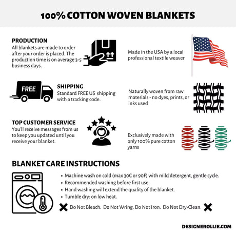 A detailed care guide for maintaining the cotton woven blanket. Instructions include machine washing on cold, gentle cycle, recommended hand washing for extended quality, and tumble drying on low heat. Additional care tips include avoiding bleach, wringing, ironing, or dry cleaning.