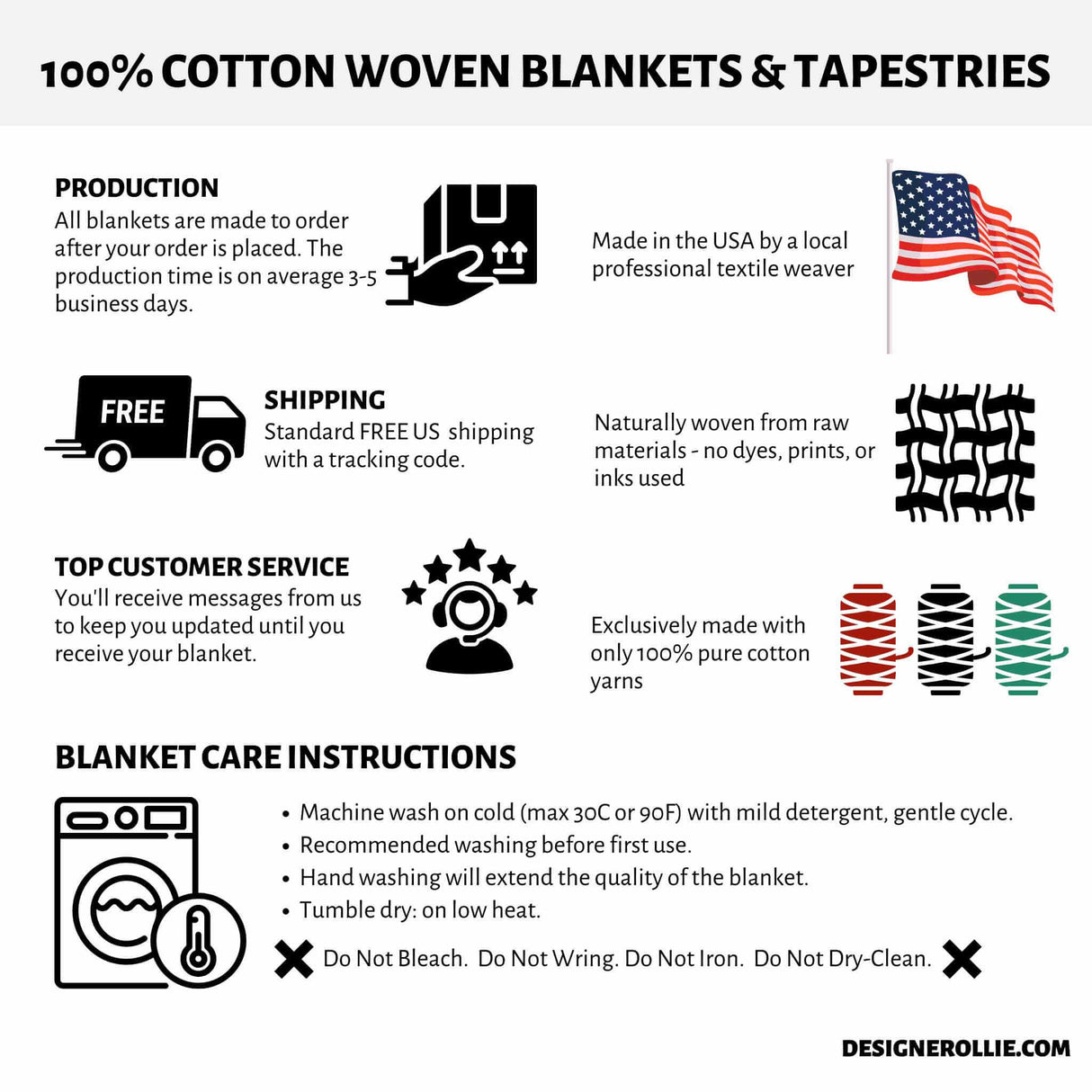 An informative image detailing the care instructions for the Cute Halloween Blanket. The instructions suggest machine washing on cold with a gentle cycle, tumble drying on low heat, and avoiding bleach, wringing, ironing, or dry-cleaning to maintain the blanket's quality and longevity.