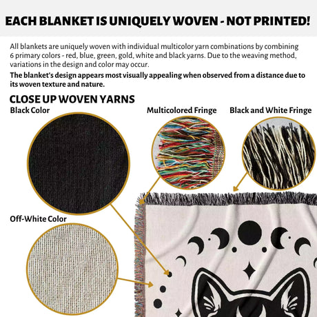 Celestial Cat with Moon Phases Woven Throw Blanket - DesignerOllie.com