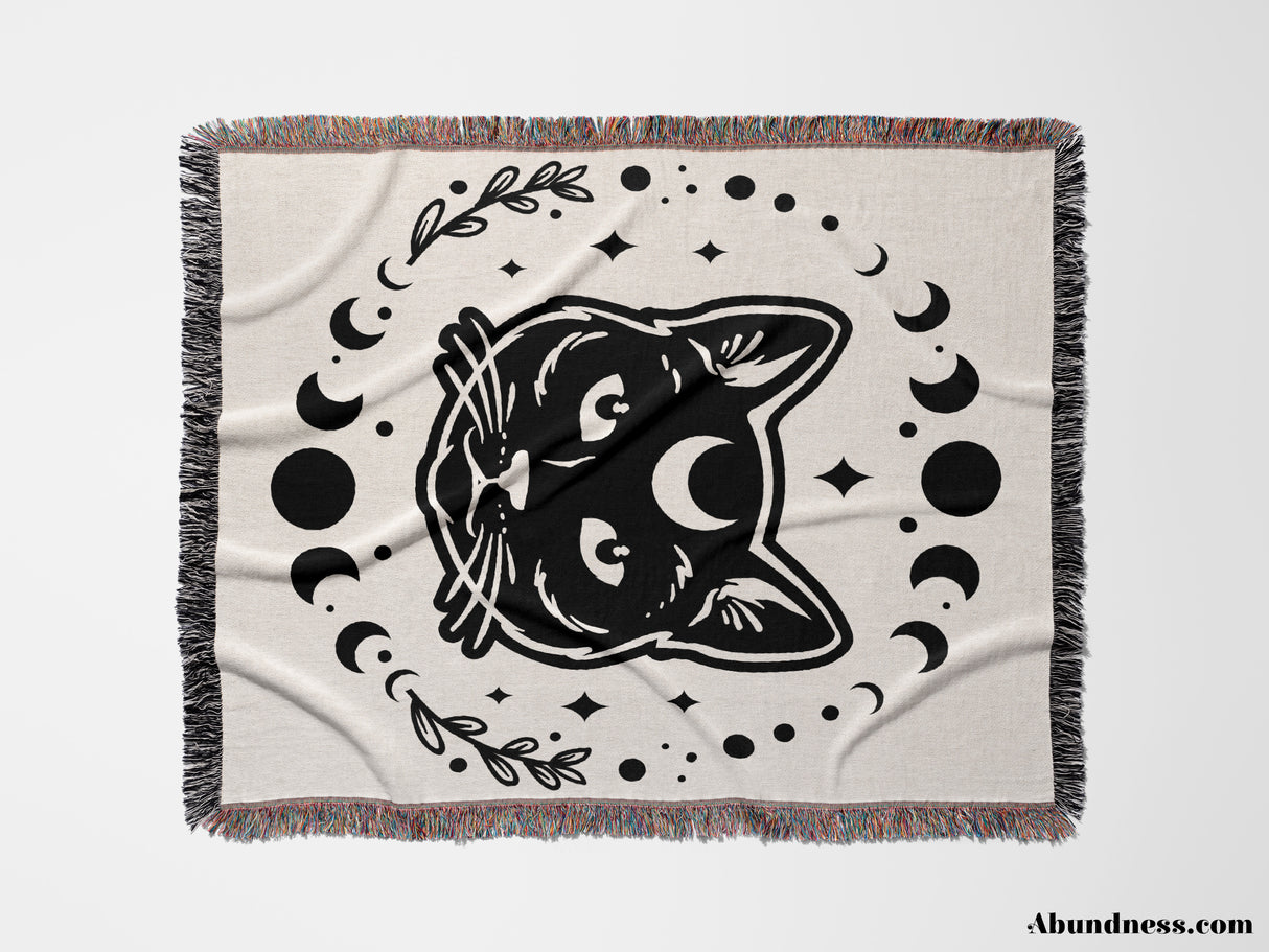 Celestial Cat with Moon Phases Woven Throw Blanket