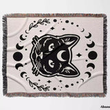 Celestial Cat with Moon Phases Woven Throw Blanket - DesignerOllie.com