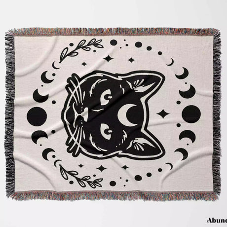 Celestial Cat with Moon Phases Woven Throw Blanket - DesignerOllie.com