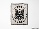 Celestial Cat with Moon Phases Woven Throw Blanket