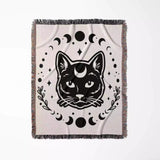 Celestial Cat with Moon Phases Woven Throw Blanket - DesignerOllie.com
